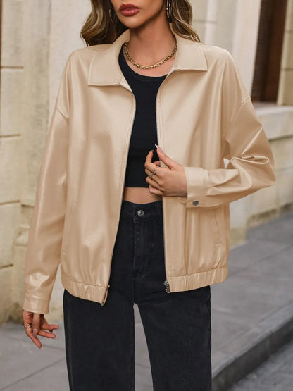 Front view of Ivy Lane Pocketed Zip Up Collared Neck Jacket in Khaki showing neckline and sleeve details