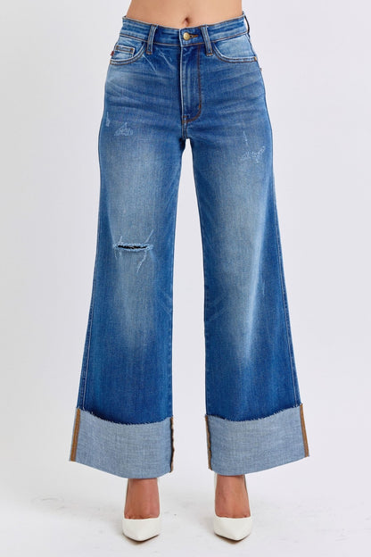 Front view of Judy Blue Full Size Distressed High Waist Wide Leg Jeans in Medium showing neckline and sleeve details