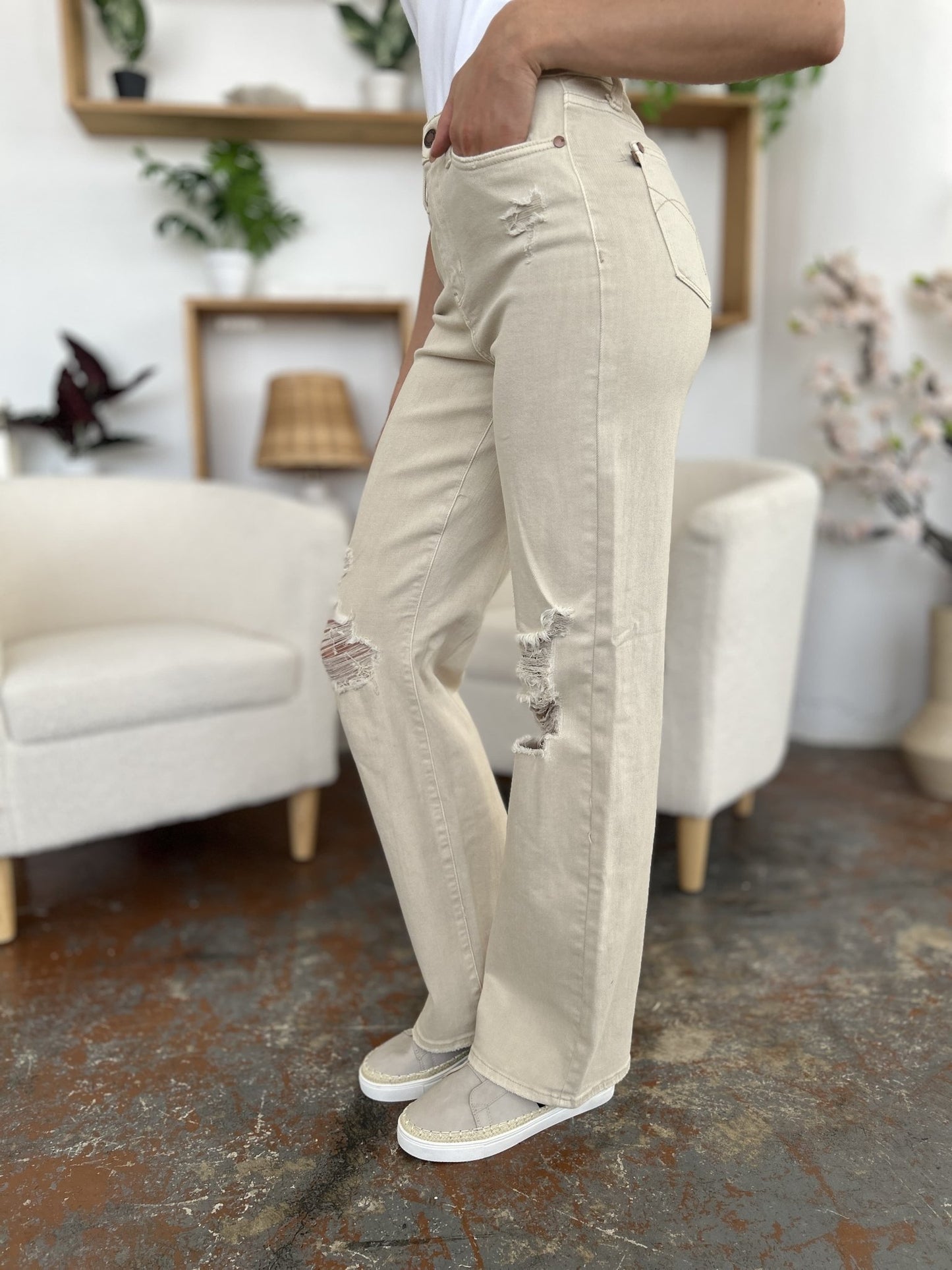 Judy Blue Full Size High Waist Distressed Wide Leg Jeans - Rochelle's House LLC