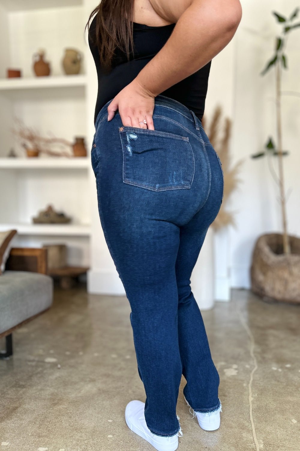Judy Blue Full Size High Waist Rigid Magic Heavy Destroy Straight Jeans - Rochelle's House LLC