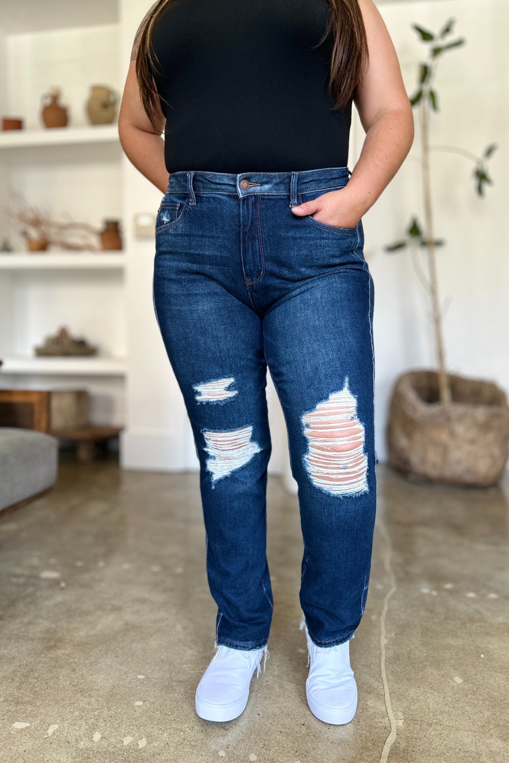Judy Blue Full Size High Waist Rigid Magic Heavy Destroy Straight Jeans - Rochelle's House LLC