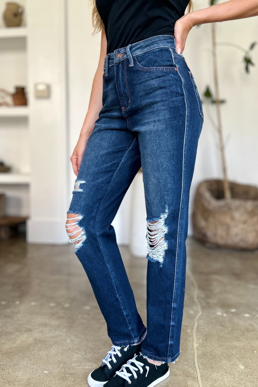Judy Blue Full Size High Waist Rigid Magic Heavy Destroy Straight Jeans - Rochelle's House LLC