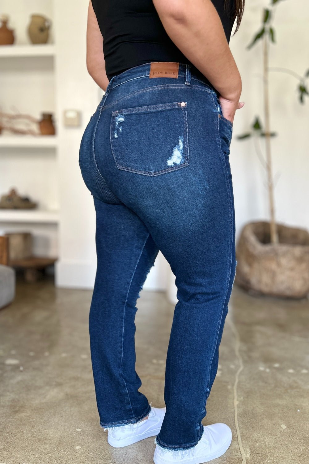 Judy Blue Full Size High Waist Rigid Magic Heavy Destroy Straight Jeans - Rochelle's House LLC