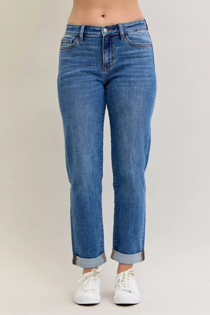 Front view of Judy Blue Full Size Mid Rise BF Classic Cuffed Jeans Plus Size in MD showing neckline and sleeve details