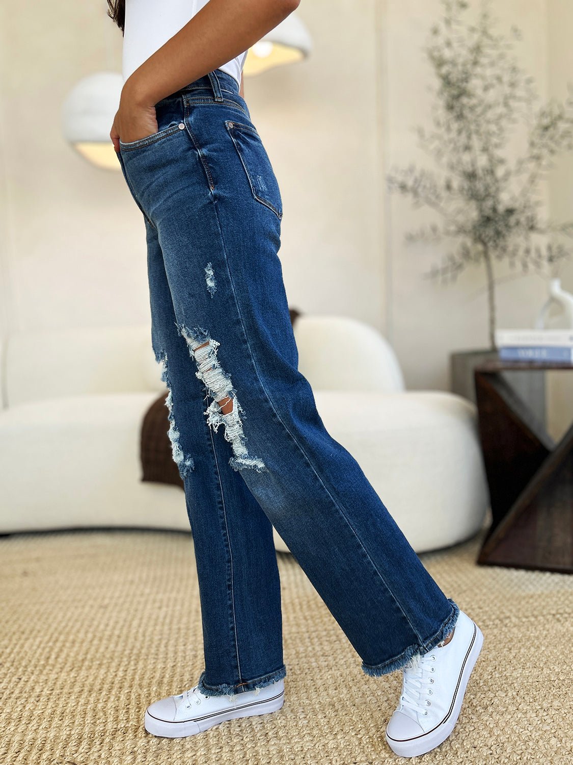 Judy Blue Full Size Mid Rise Distressed Raw Hem Jeans - Rochelle's House LLC
