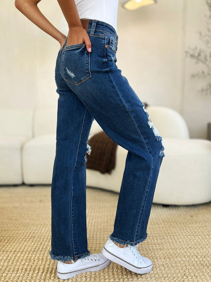 Judy Blue Full Size Mid Rise Distressed Raw Hem Jeans - Rochelle's House LLC