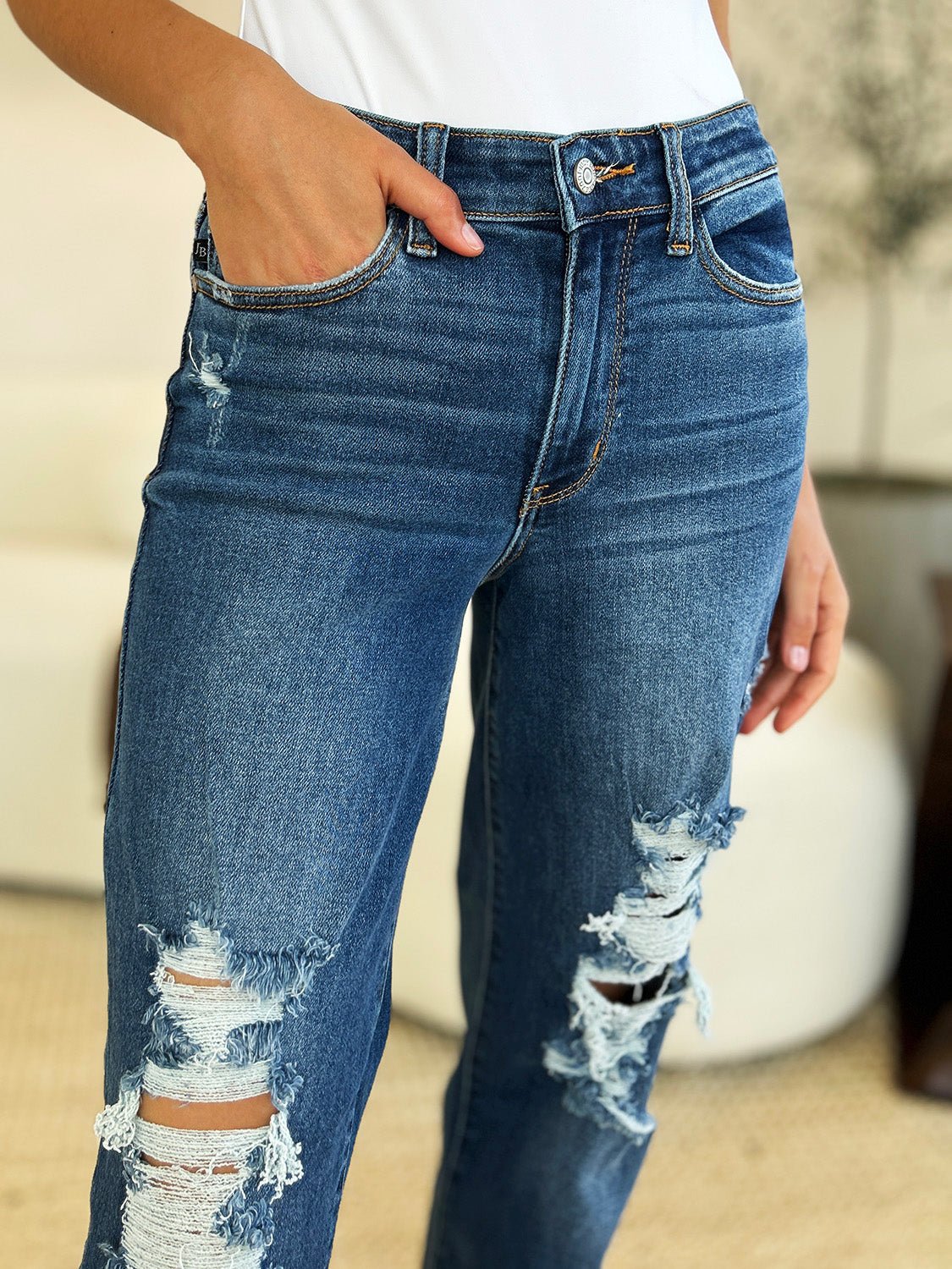 Judy Blue Full Size Mid Rise Distressed Raw Hem Jeans - Rochelle's House LLC
