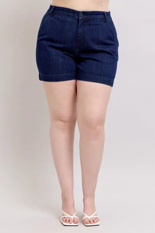 Front view of Judy Blue Plus Size High Waist Denim Shorts in DK showing neckline and sleeve details (52% Cotton)