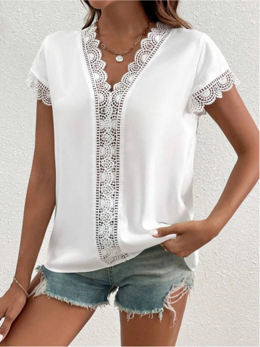 Front view of Lace Detail V-Neck Cap Sleeve Blouse in White showing neckline and sleeve details
