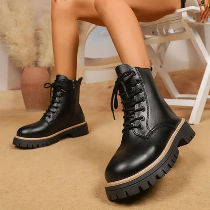 Front view of Lace Up Leather Combat Boots with Chunky Sole in Black showing neckline and sleeve details (lace)