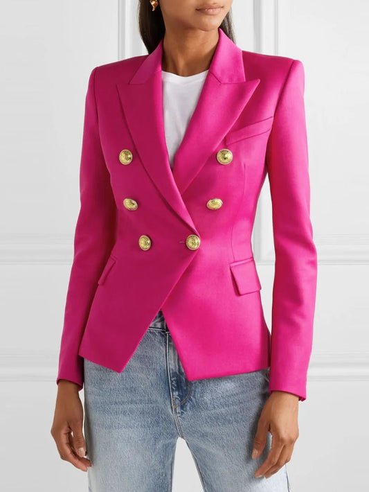 Front view of Lapel Collar Long Sleeve Blazer in Hot Pink showing neckline and sleeve details (95% polyester and)