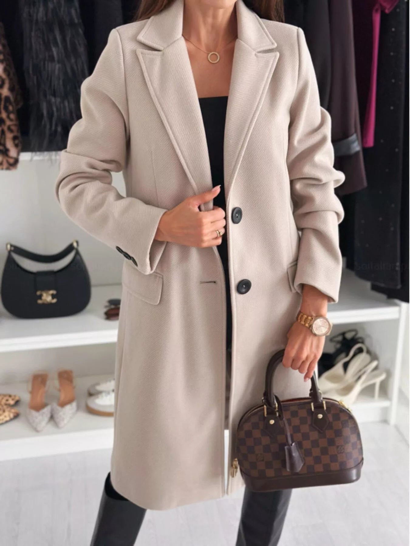 Lapel Collar Long Sleeve Coat - Rochelle's House LLC
