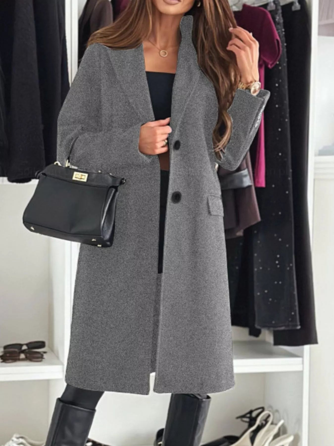 Lapel Collar Long Sleeve Coat - Rochelle's House LLC