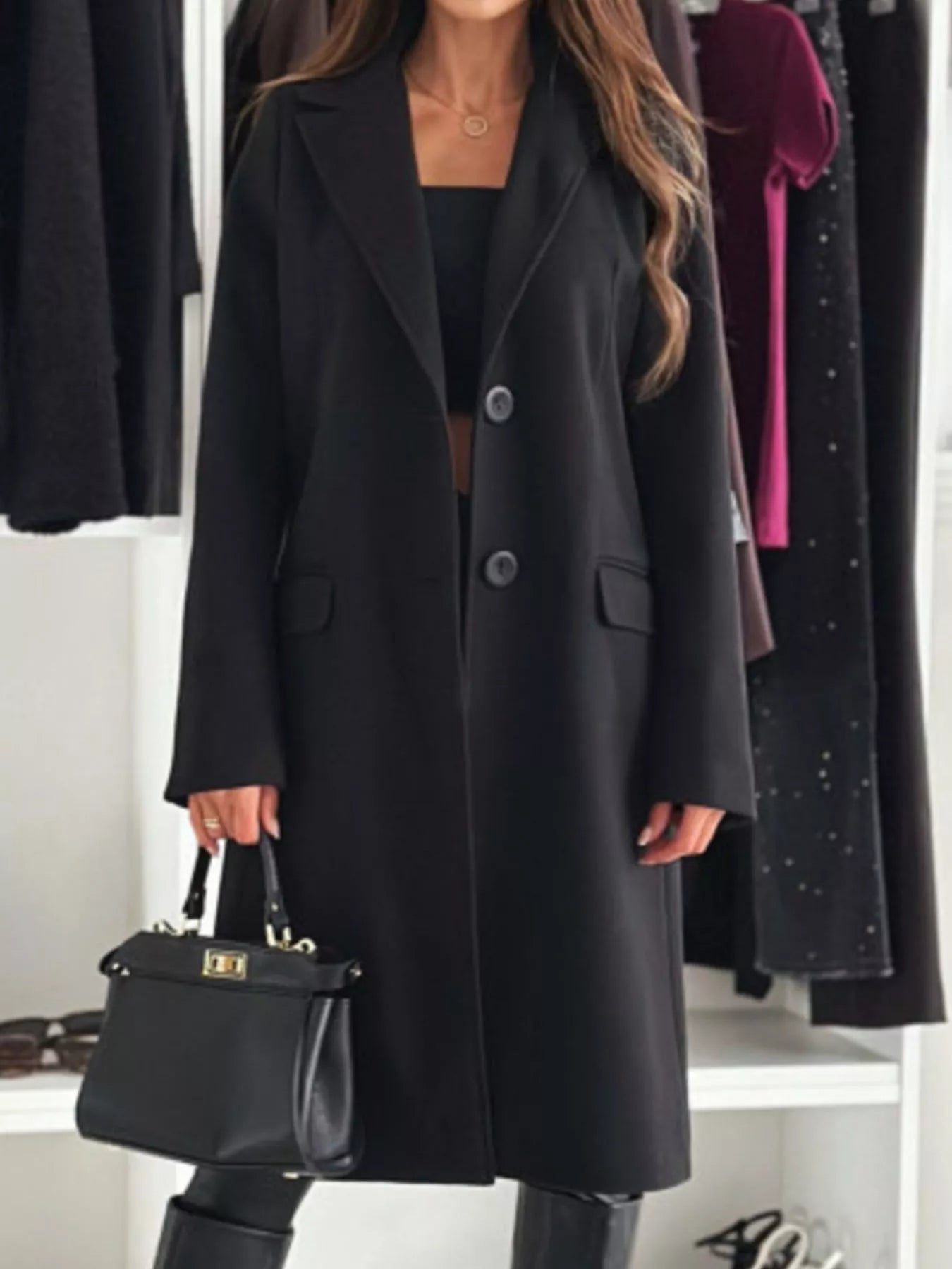 Lapel Collar Long Sleeve Coat - Rochelle's House LLC