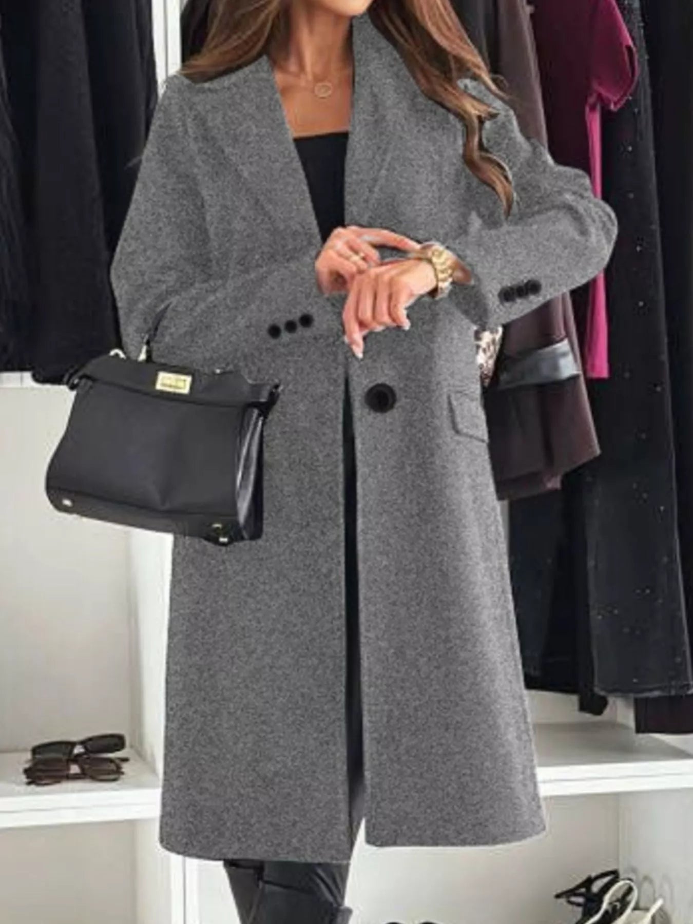 Lapel Collar Long Sleeve Coat - Rochelle's House LLC