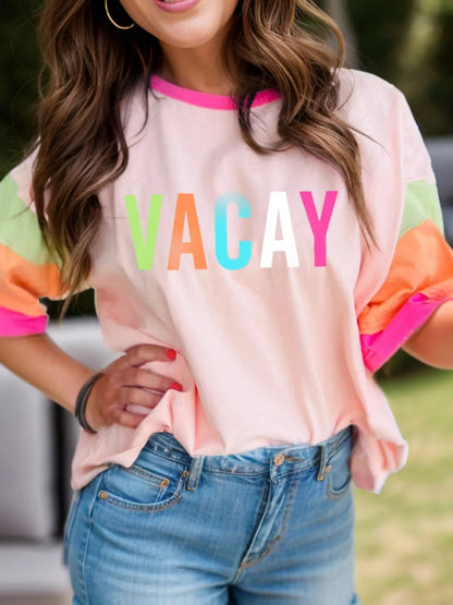 Front view of Letter Graphic Color Block Round Neck Half Sleeve T-Shirt in Watermelon pink showing neckline and sleeve detail