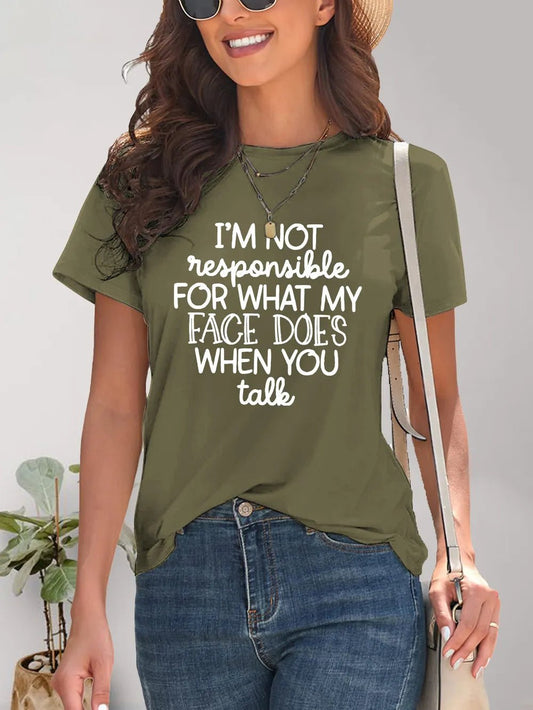 Front view of Letter Graphic Round Neck Short Sleeve T-Shirt in Matcha Green showing neckline and sleeve details