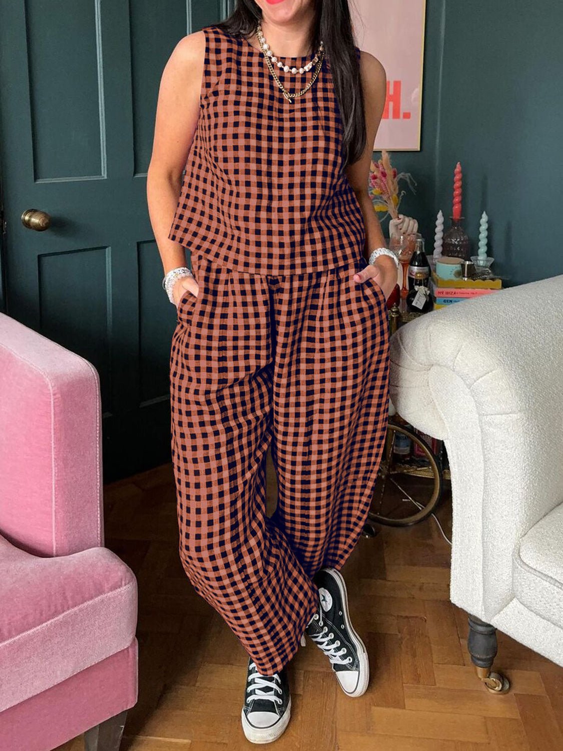 Front view of Lovelet Plaid Round Neck Sleeveless Top and Pants Set in Orange showing neckline and sleeve details