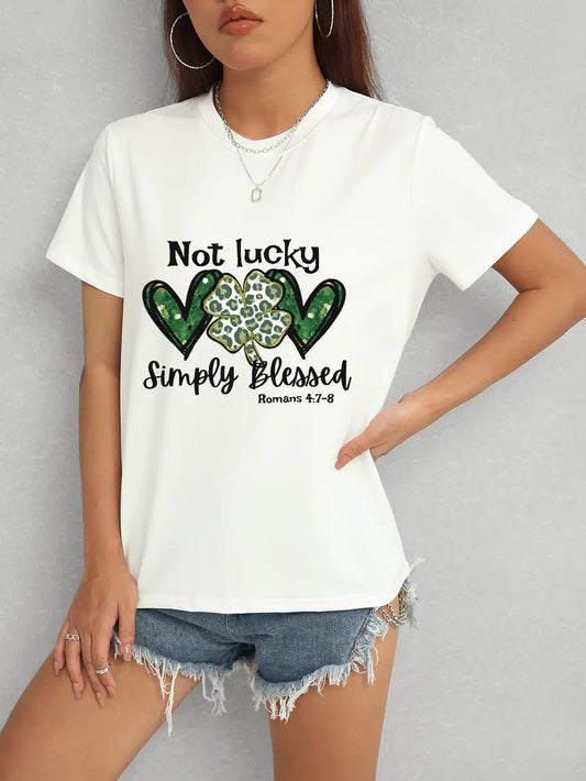 Front view of Lucky Clover Round Neck Short Sleeve T-Shirt in White showing neckline and sleeve details (95% polyester and)