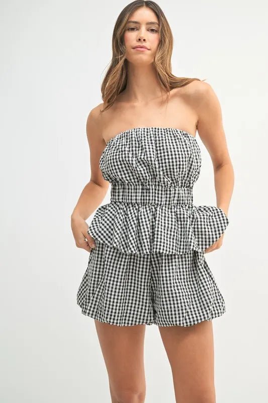 Front view of MABLE Gingham Tube Top and Shorts Set in Black showing neckline and sleeve details (100% Rayon Lining)