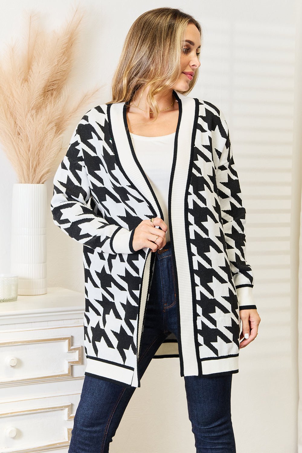 Front view of Mandy Woven Right Houndstooth Open Front Longline Cardigan in Black showing neckline and sleeve details