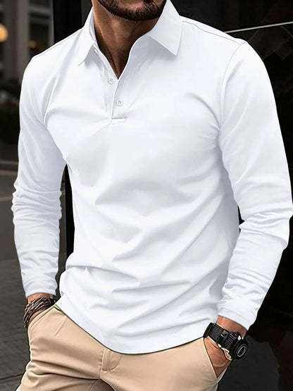Front view of Men's Full Size Collared Neck Long Sleeve Polo Plus Size in White showing neckline and sleeve details