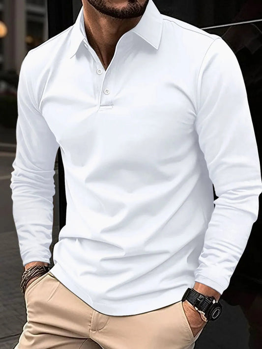 Front view of Men's Full Size Collared Neck Long Sleeve Polo Plus Size in White showing neckline and sleeve details