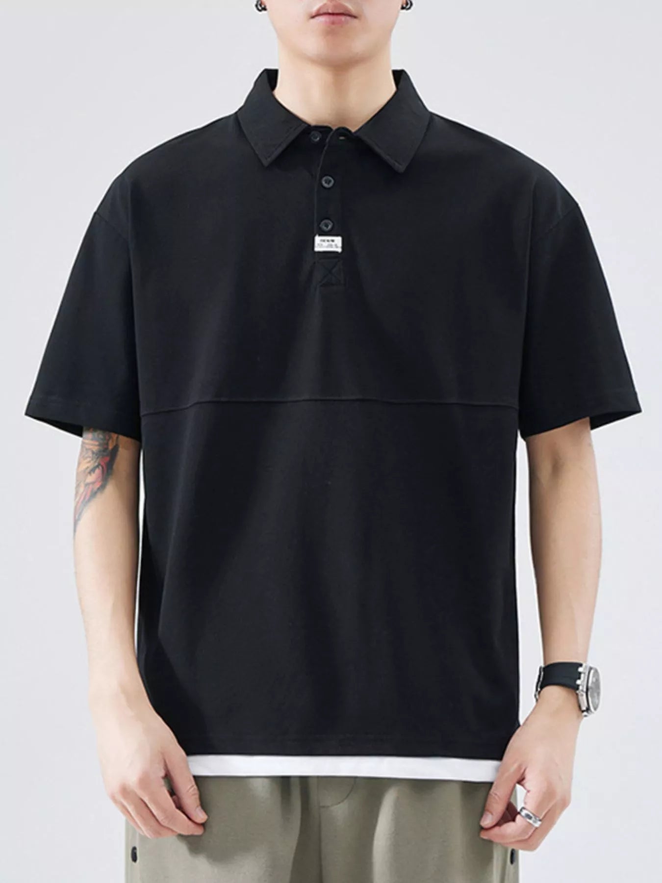 Front view of Men's Plus Size Button Detail Short Sleeve Polo in White showing neckline and sleeve details