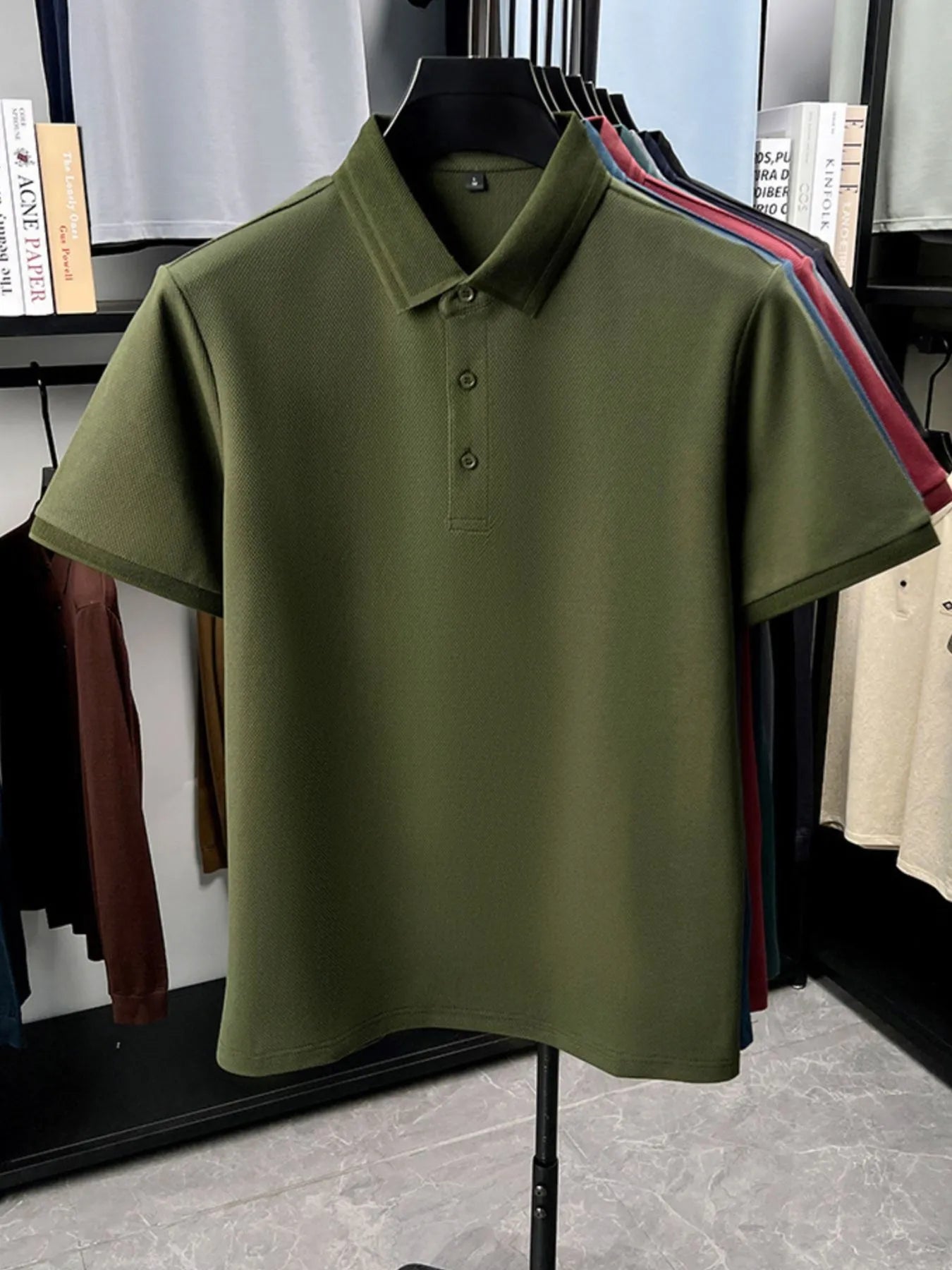 Front view of Men's Plus Size Button Detail Short Sleeve Polo in White showing neckline and sleeve details (8% cotton)