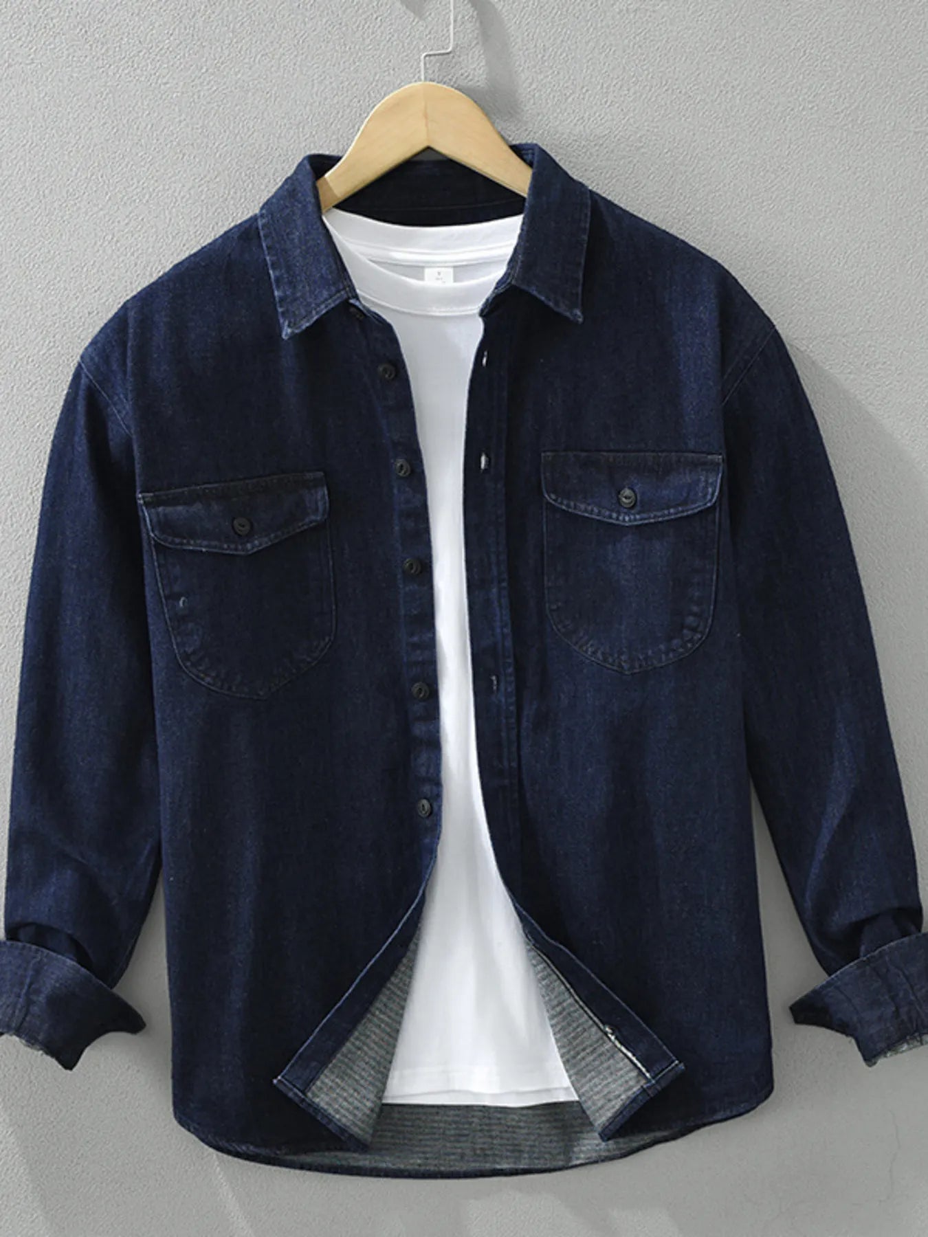 Front view of Men's Plus Size Button Up Long Sleeve Denim Shirt in Dark Blue showing neckline and sleeve details