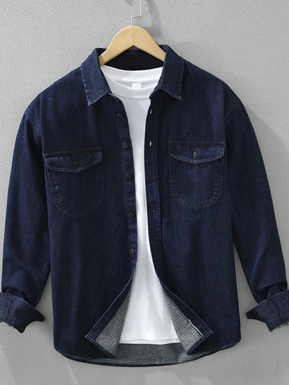 Front view of Men's Plus Size Button Up Long Sleeve Denim Shirt in Dark Blue showing neckline and sleeve details