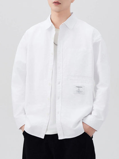 Front view of Men's Plus Size Button Up Long Sleeve Shirt in White showing neckline and sleeve details