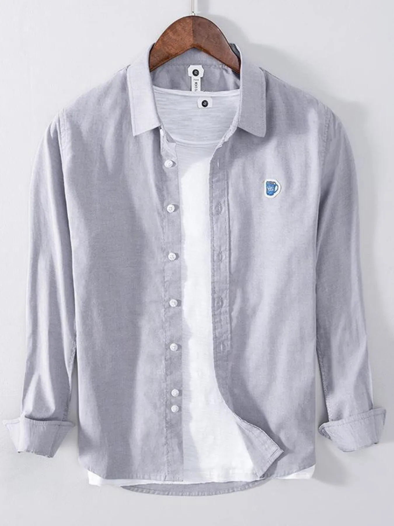Front view of Men's Plus Size Button Up Long Sleeve Shirt in White showing neckline and sleeve details (100% Pure Cotton)