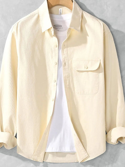 Front view of Men's Plus Size Casual Button-Down Shirt with Chest Pocket in Apricot showing neckline and sleeve details