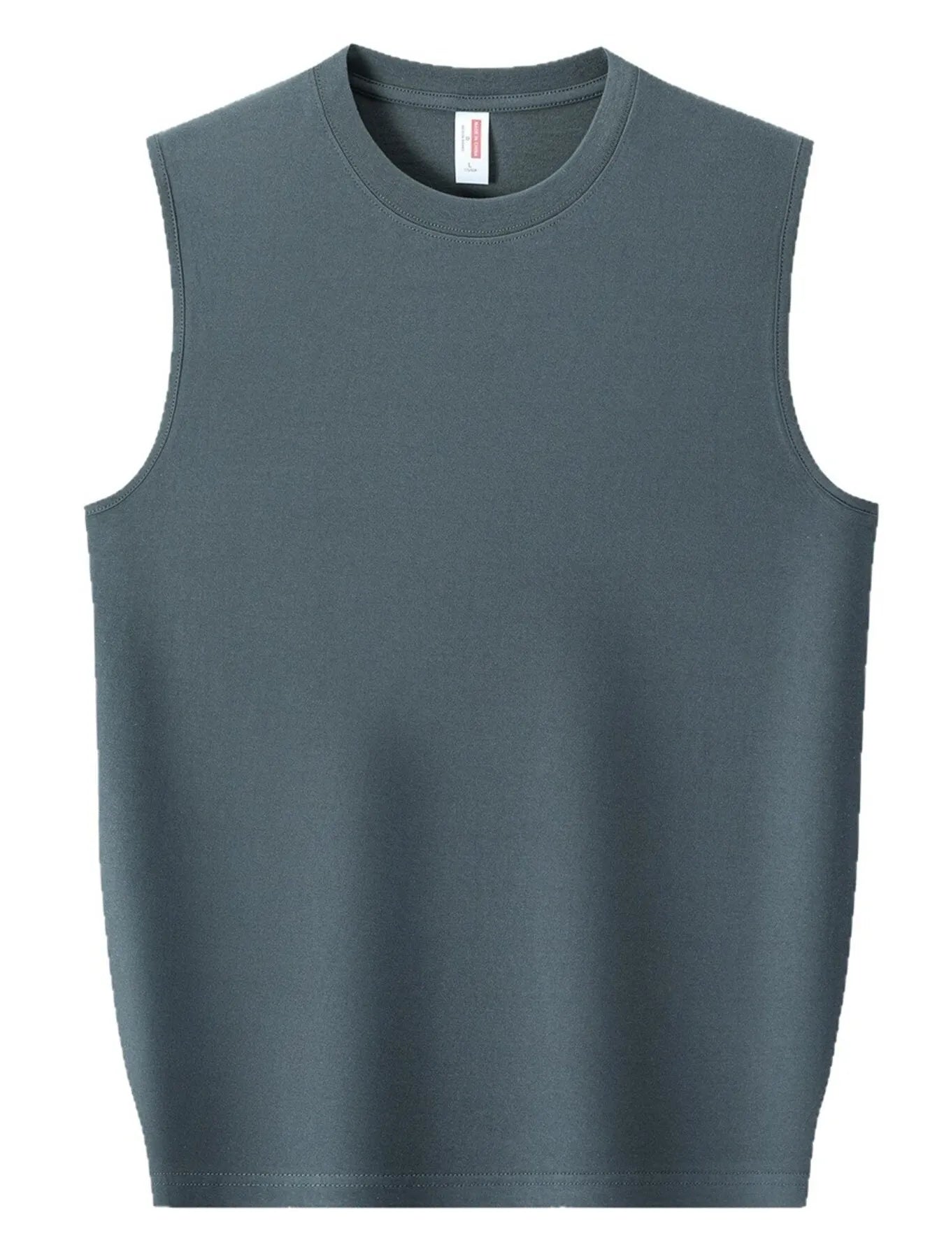 Front view of Men's Plus Size Round Neck Tank in Grey showing neckline and sleeve details