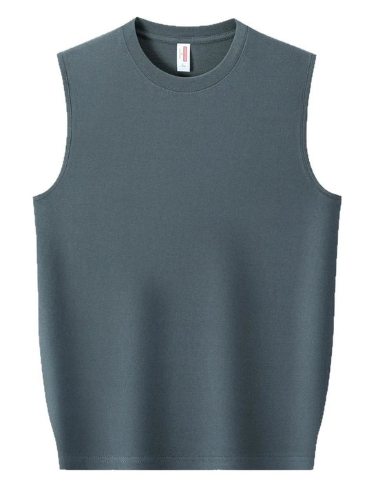 Front view of Men's Plus Size Round Neck Tank in Grey showing neckline and sleeve details