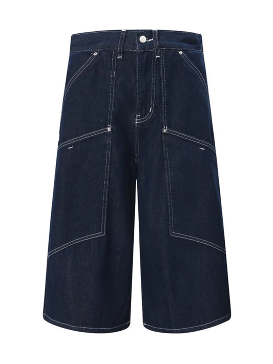 Front view of Men's Wash Cargo Denim Shorts in Dark Blue showing neckline and sleeve details
