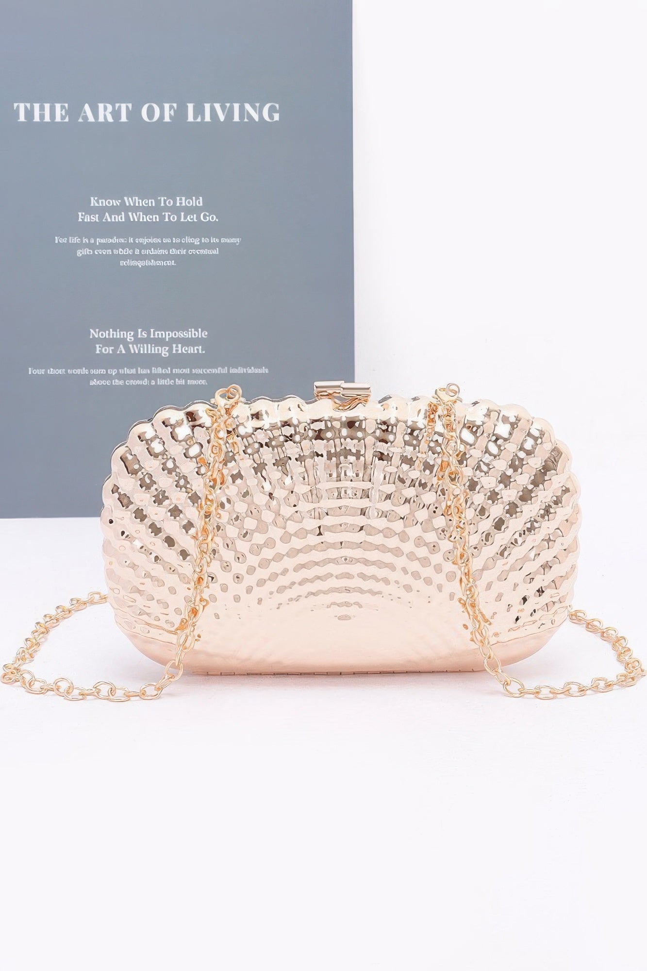 Front view of Metal Case Clutch showing neckline and sleeve details