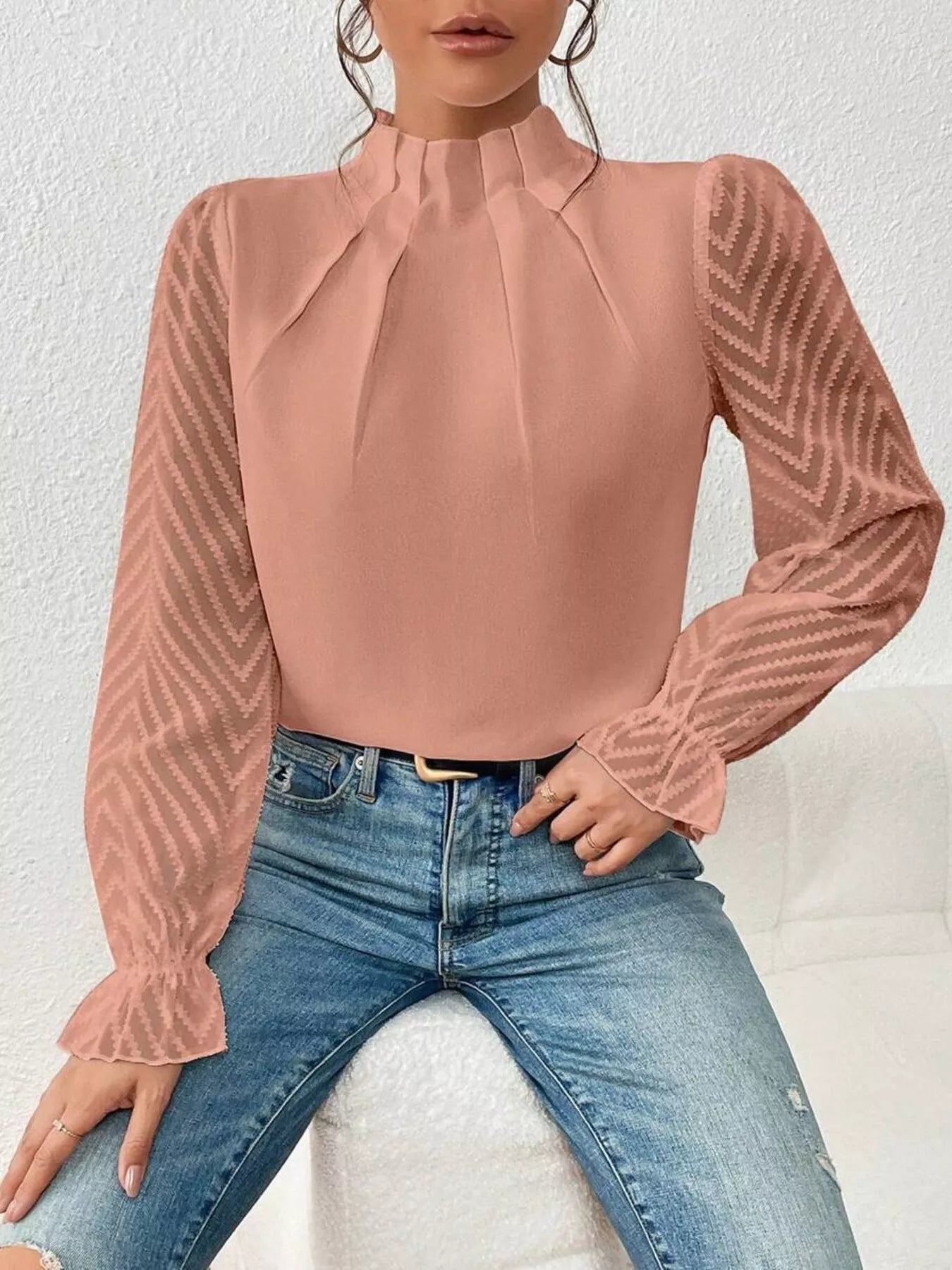 Mock Neck Sheer Lace Sleeve Blouse - Rochelle's House LLC