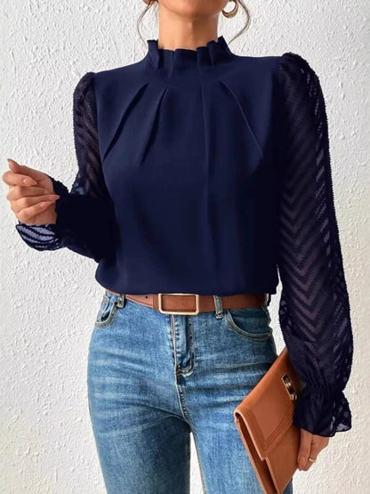 Mock Neck Sheer Lace Sleeve Blouse - Rochelle's House LLC