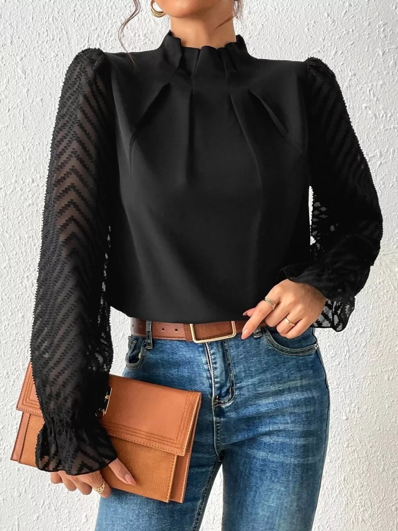 Mock Neck Sheer Lace Sleeve Blouse - Rochelle's House LLC