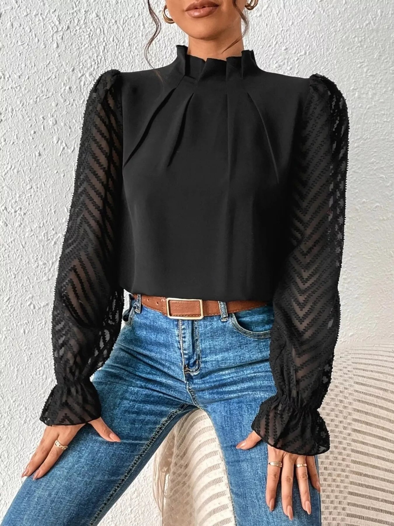 Mock Neck Sheer Lace Sleeve Blouse - Rochelle's House LLC