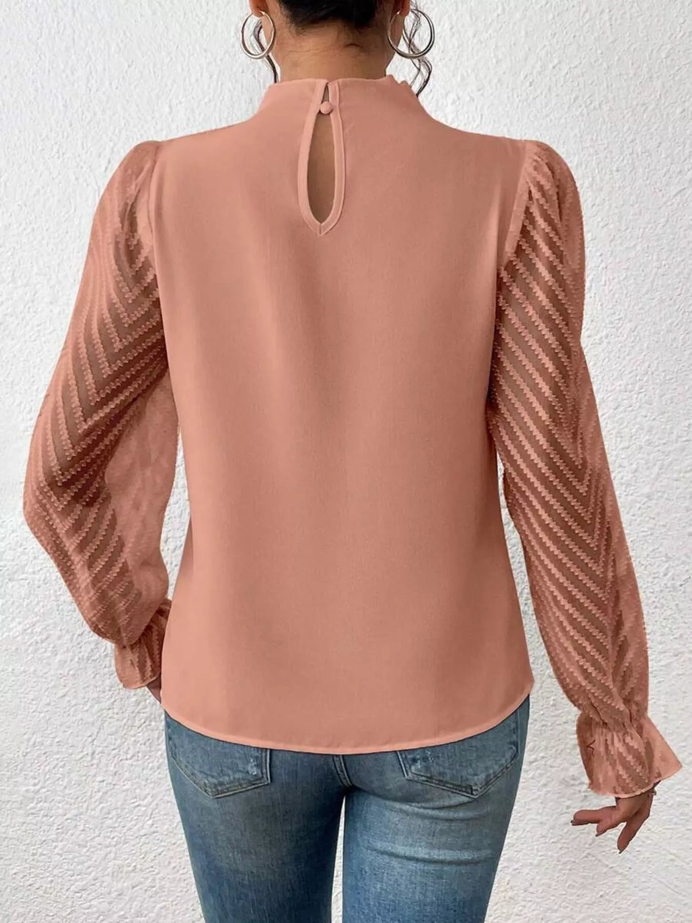 Mock Neck Sheer Lace Sleeve Blouse - Rochelle's House LLC
