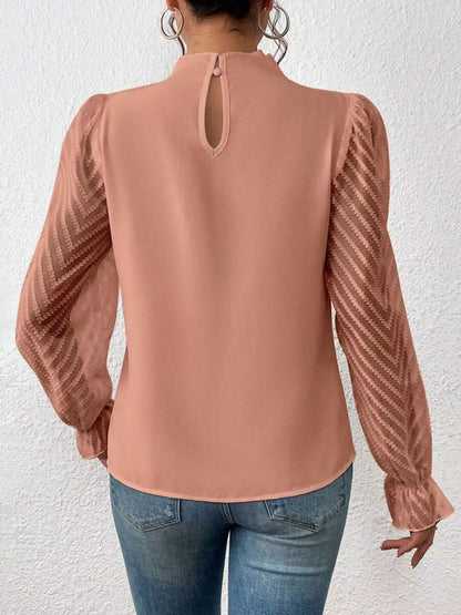Mock Neck Sheer Lace Sleeve Blouse - Rochelle's House LLC