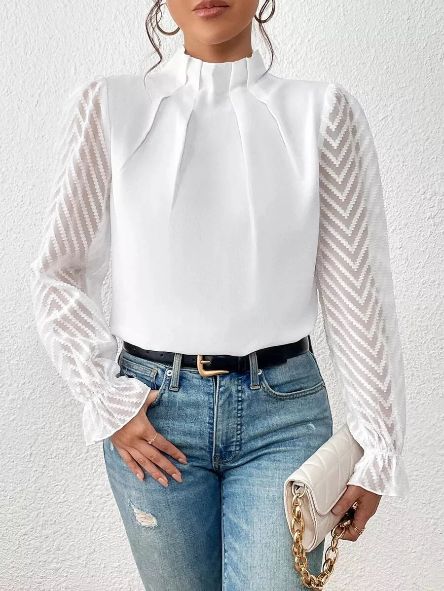 Mock Neck Sheer Lace Sleeve Blouse - Rochelle's House LLC