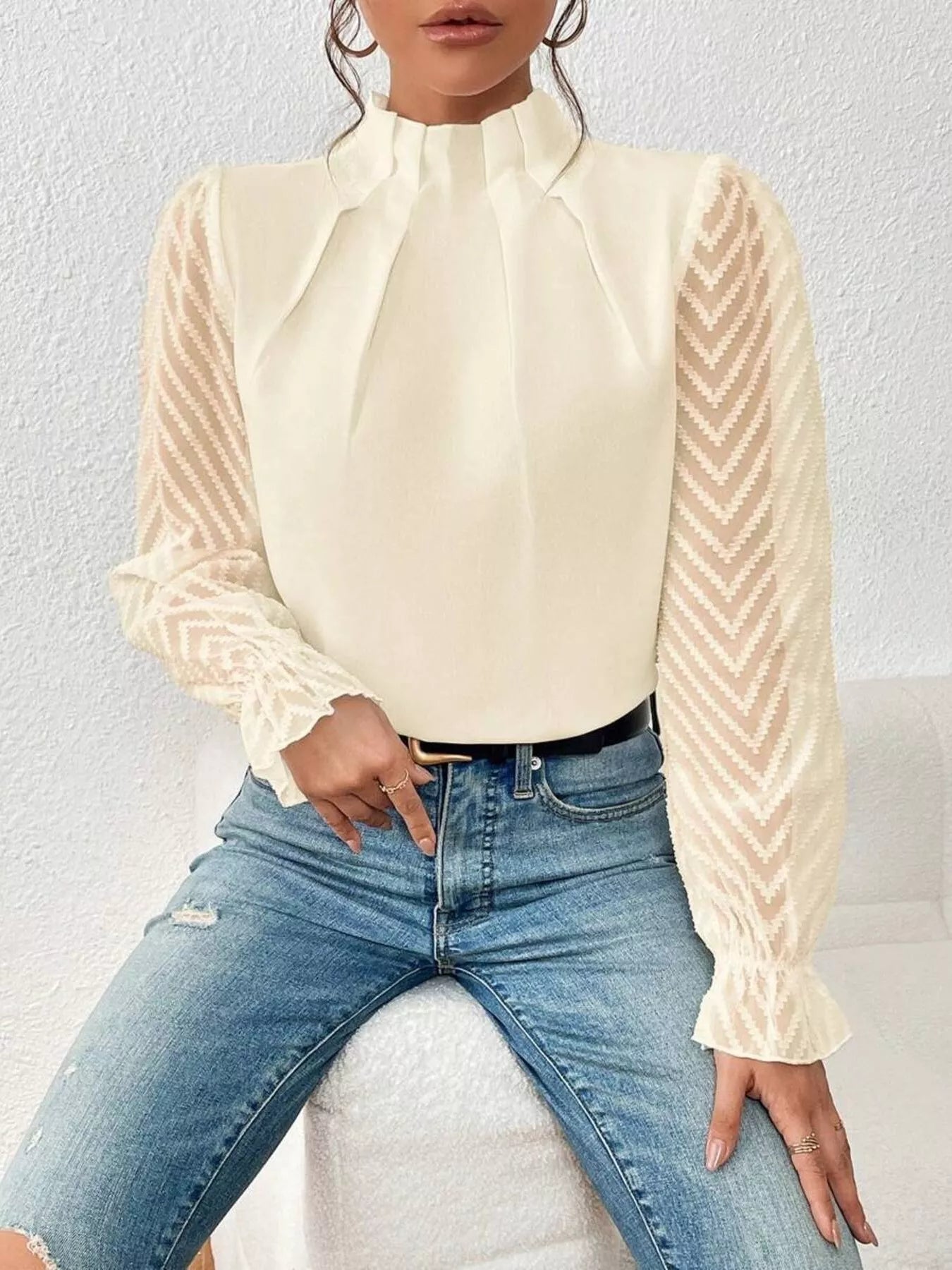Mock Neck Sheer Lace Sleeve Blouse - Rochelle's House LLC
