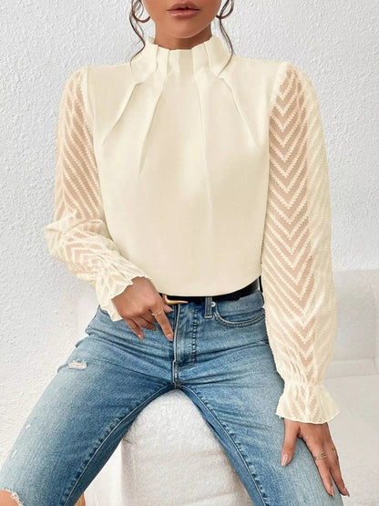 Mock Neck Sheer Lace Sleeve Blouse - Rochelle's House LLC