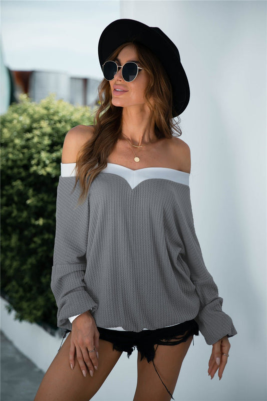 Front view of Off-Shoulder Waffle-Knit Dropped Shoulder Blouse in Dark Gray showing neckline and sleeve details