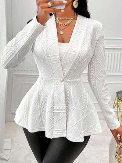 Front view of One Button Textured Peplum Cardigan in Dark Gray showing neckline and sleeve details