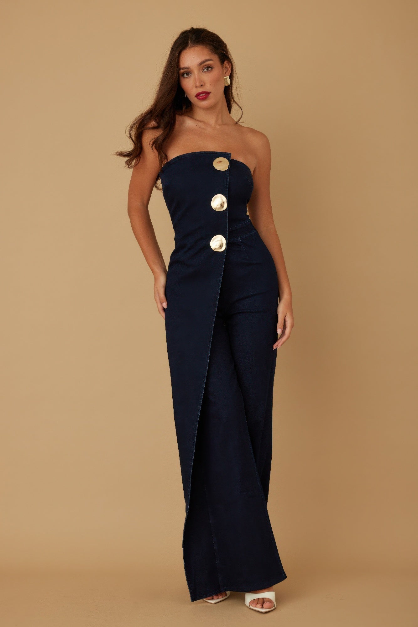Front view of Open Flap Layer Strapless Jumpsuit showing neckline and sleeve details